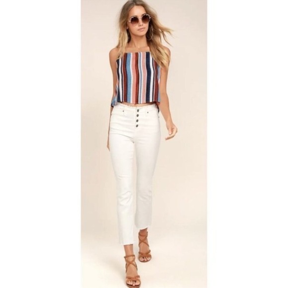 Lulus Beyond The Sea Peach Multicolor Striped Open Back Crop Top Small - Picture 5 of 6